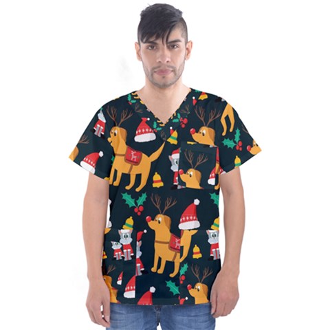 Funny Christmas Pattern Background Men s V-neck Scrub Top by Ket1n9