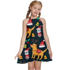 Funny Christmas Pattern Background Kids  Halter Collar Waist Tie Chiffon Dress by Ket1n9