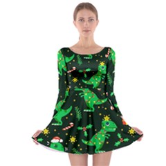 Christmas Funny Pattern Dinosaurs Long Sleeve Skater Dress by Ket1n9