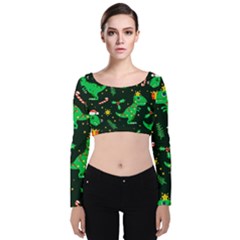 Christmas Funny Pattern Dinosaurs Velvet Long Sleeve Crop Top by Ket1n9