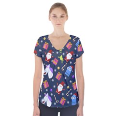 Colorful Funny Christmas Pattern Short Sleeve Front Detail Top by Ket1n9