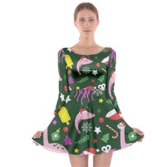 Dinosaur Colorful Funny Christmas Pattern Long Sleeve Skater Dress by Ket1n9