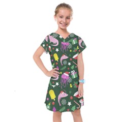 Dinosaur Colorful Funny Christmas Pattern Kids  Drop Waist Dress by Ket1n9