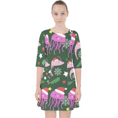 Dinosaur Colorful Funny Christmas Pattern Quarter Sleeve Pocket Dress by Ket1n9