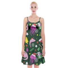 Dinosaur Colorful Funny Christmas Pattern Spaghetti Strap Velvet Dress by Ket1n9