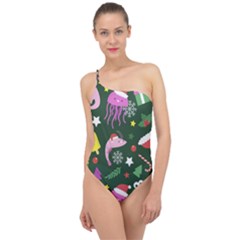 Dinosaur Colorful Funny Christmas Pattern Classic One Shoulder Swimsuit