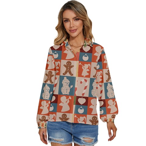 Cute Christmas Seamless Pattern Vector  - Women s Long Sleeve Button Up Shirt by Ket1n9