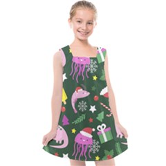 Dinosaur Colorful Funny Christmas Pattern Kids  Cross Back Dress by Ket1n9