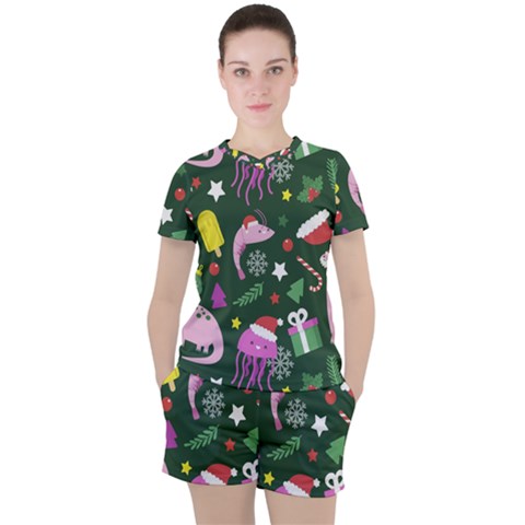 Dinosaur Colorful Funny Christmas Pattern Women s T-shirt And Shorts Set by Ket1n9