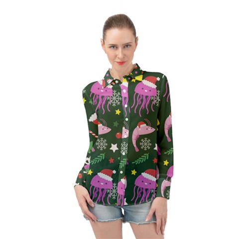 Dinosaur Colorful Funny Christmas Pattern Long Sleeve Chiffon Shirt by Ket1n9