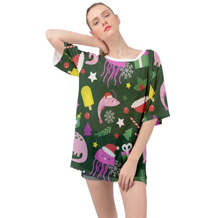 Dinosaur Colorful Funny Christmas Pattern Oversized Chiffon Top