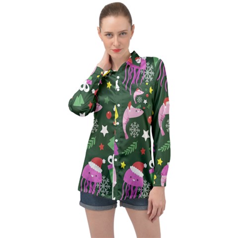 Dinosaur Colorful Funny Christmas Pattern Long Sleeve Satin Shirt by Ket1n9