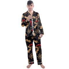 Christmas Pattern With Snowflakes Berries Men s Long Sleeve Satin Pajamas Set by Ket1n9