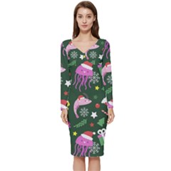 Dinosaur Colorful Funny Christmas Pattern Long Sleeve V-neck Bodycon Dress  by Ket1n9