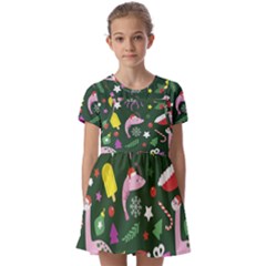 Dinosaur Colorful Funny Christmas Pattern Kids  Short Sleeve Pinafore Style Dress by Ket1n9