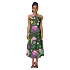 Dinosaur Colorful Funny Christmas Pattern Sleeveless Cross Front Cocktail Midi Chiffon Dress by Ket1n9