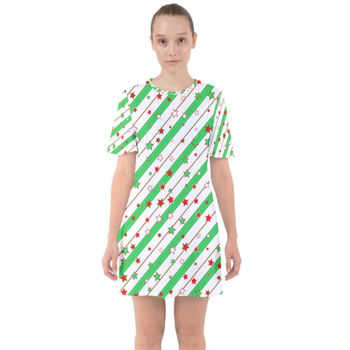 Christmas Paper Stars Pattern Texture Background Colorful Colors Seamless Sixties Short Sleeve Mini Dress