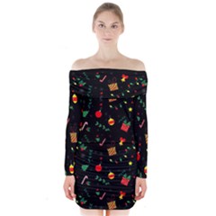 Christmas Pattern Texture Colorful Wallpaper Long Sleeve Off Shoulder Dress by Ket1n9