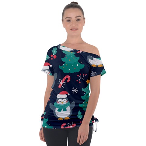 Colorful Funny Christmas Pattern Off Shoulder Tie-up T-shirt by Ket1n9