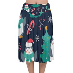 Colorful Funny Christmas Pattern Velvet Flared Midi Skirt