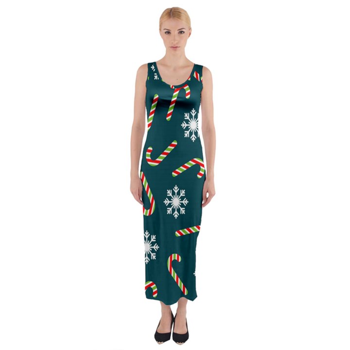 Christmas Seamless Pattern With Candies Snowflakes Fitted Maxi Dress