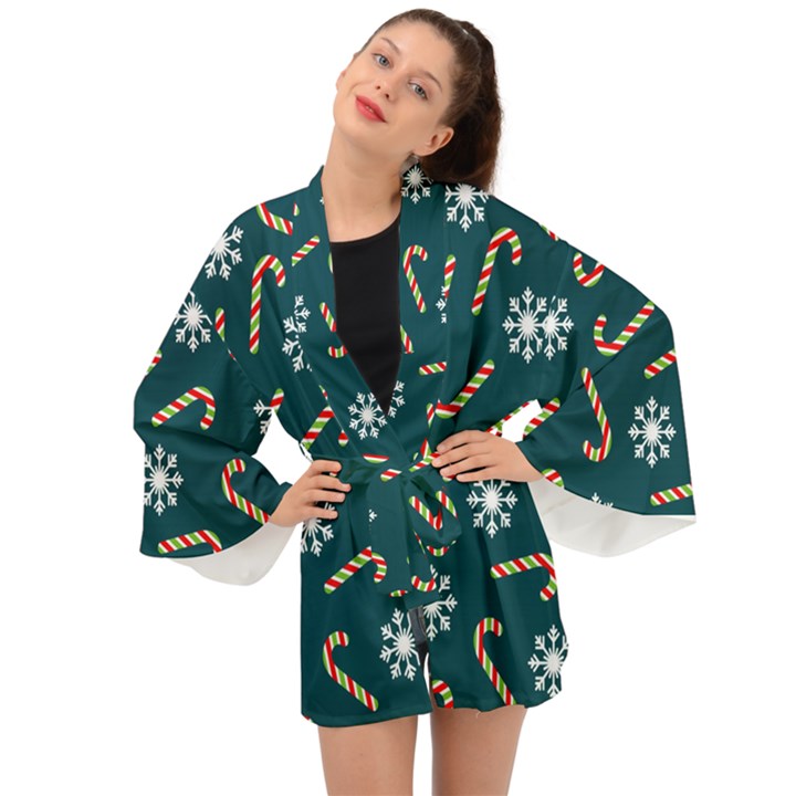 Christmas Seamless Pattern With Candies Snowflakes Long Sleeve Kimono