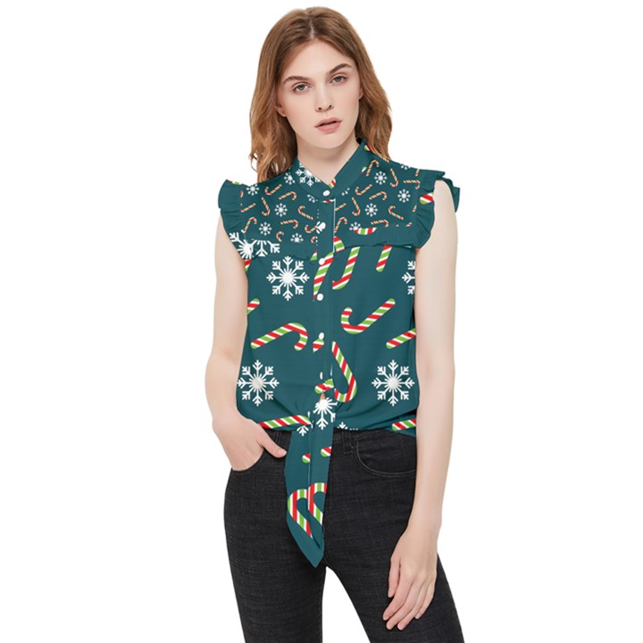 Christmas Seamless Pattern With Candies Snowflakes Frill Detail Shirt