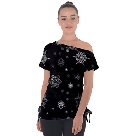 Christmas Snowflake Seamless Pattern With Tiled Falling Snow Off Shoulder Tie-up T-shirt by Ket1n9