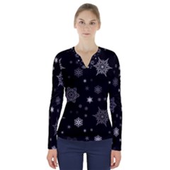 Christmas Snowflake Seamless Pattern With Tiled Falling Snow V-neck Long Sleeve Top by Ket1n9