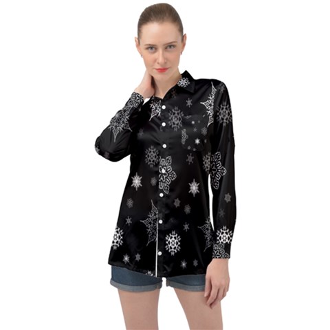 Christmas Snowflake Seamless Pattern With Tiled Falling Snow Long Sleeve Satin Shirt by Ket1n9