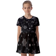 Christmas Snowflake Seamless Pattern With Tiled Falling Snow Kids  Short Sleeve Pinafore Style Dress by Ket1n9