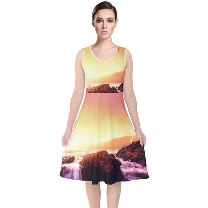 California-sea-ocean-pacific V-Neck Midi Sleeveless Dress 