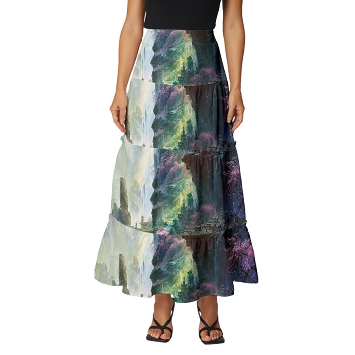 Fantastic World Fantasy Painting Tiered Ruffle Maxi Skirt