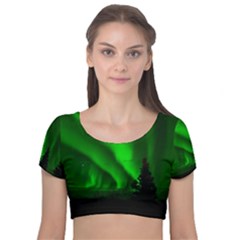 Aurora-borealis-northern-lights- Velvet Short Sleeve Crop Top  by Ket1n9