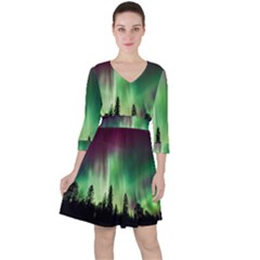 Aurora-borealis-northern-lights Quarter Sleeve Ruffle Waist Dress by Ket1n9