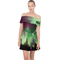 Aurora-borealis-northern-lights Off Shoulder Chiffon Dress by Ket1n9