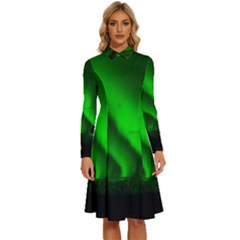 Aurora-borealis-northern-lights- Long Sleeve Shirt Collar A-line Dress by Ket1n9