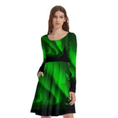 Aurora-borealis-northern-lights- Long Sleeve Knee Length Skater Dress With Pockets