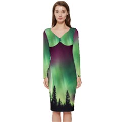 Aurora-borealis-northern-lights Long Sleeve V-neck Bodycon Dress  by Ket1n9