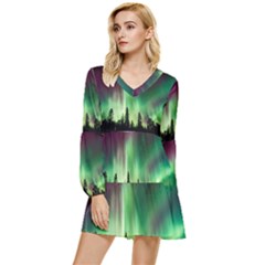 Aurora-borealis-northern-lights Tiered Long Sleeve Mini Dress by Ket1n9