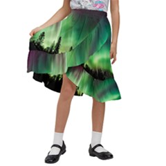 Aurora-borealis-northern-lights Kids  Ruffle Flared Wrap Midi Skirt by Ket1n9