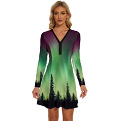 Aurora-borealis-northern-lights Long Sleeve Deep V Mini Dress  by Ket1n9