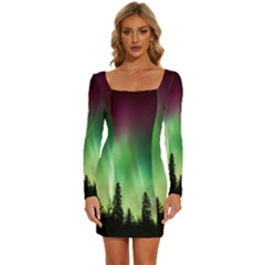 Aurora-borealis-northern-lights Long Sleeve Square Neck Bodycon Velvet Dress by Ket1n9