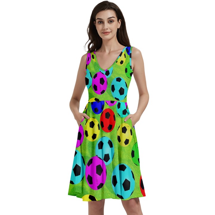 Balls Colors Sleeveless V-Neck Skater Dress with Pockets