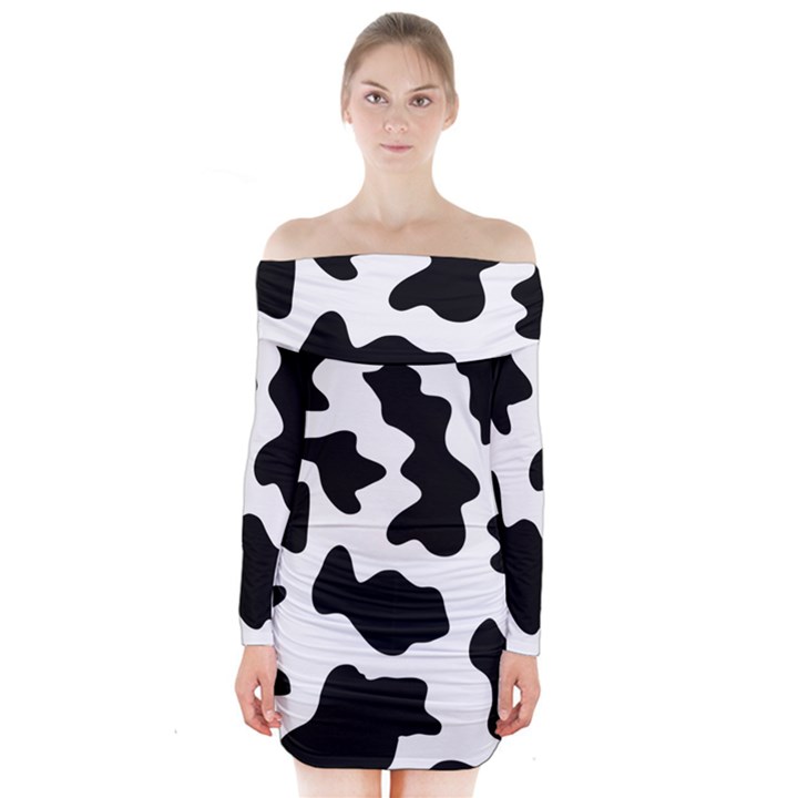 Animal-print-black-and-white-black Long Sleeve Off Shoulder Dress