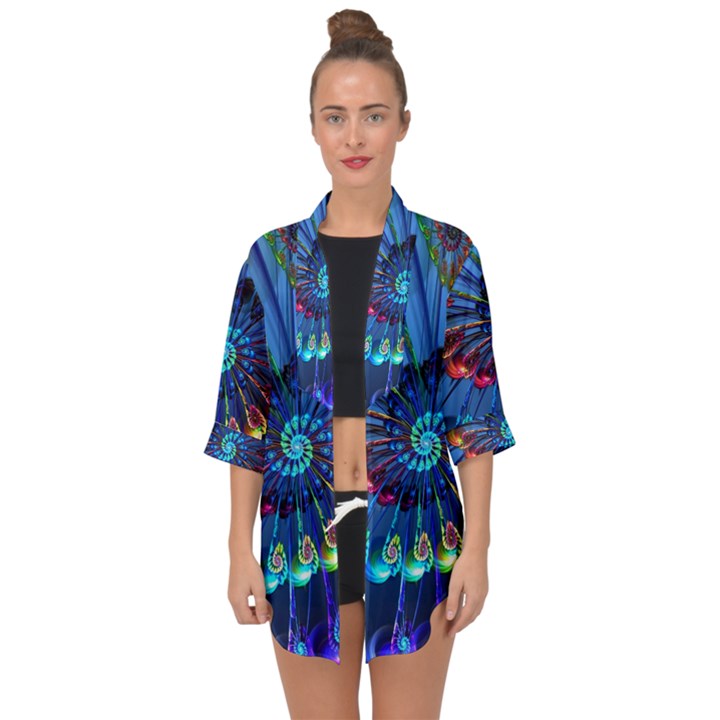 Top Peacock Feathers Open Front Chiffon Kimono