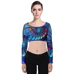 Top Peacock Feathers Velvet Long Sleeve Crop Top by Ket1n9