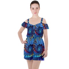 Top Peacock Feathers Ruffle Cut Out Chiffon Playsuit by Ket1n9