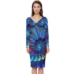 Top Peacock Feathers Long Sleeve V-neck Bodycon Dress  by Ket1n9