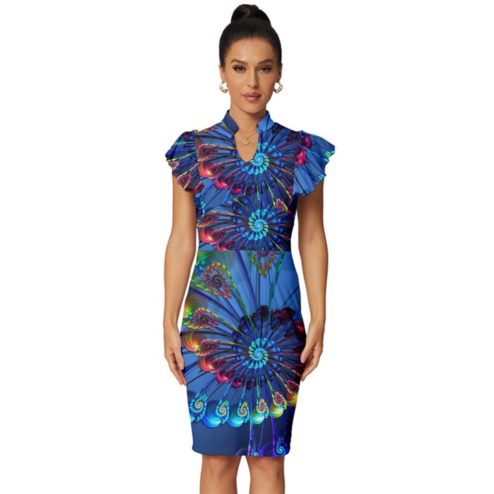 Top Peacock Feathers Vintage Frill Sleeve V-Neck Bodycon Dress